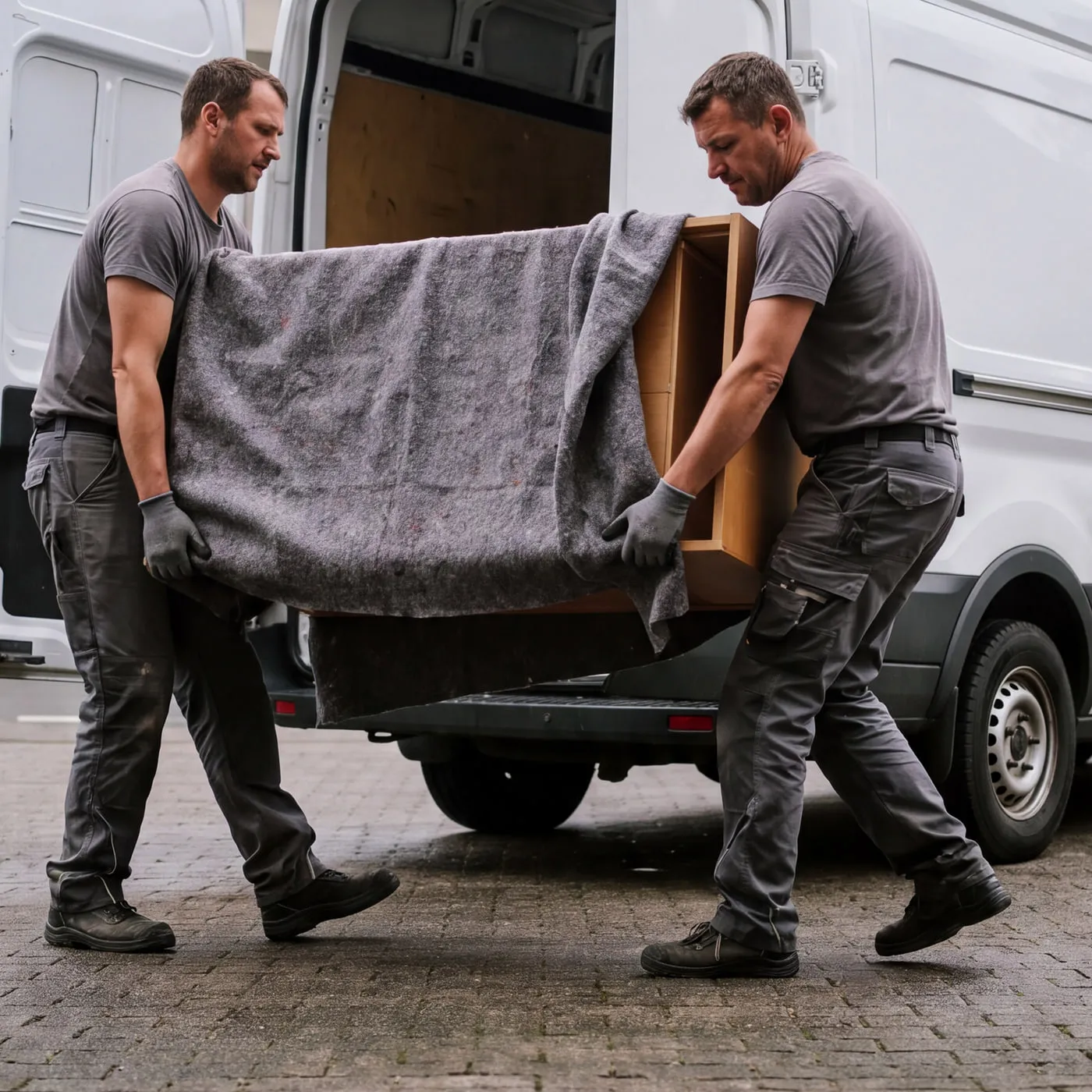 Zwei Arbeiter tragen ein mit einer Decke geschütztes Möbelteil in Richtung eines Transporters