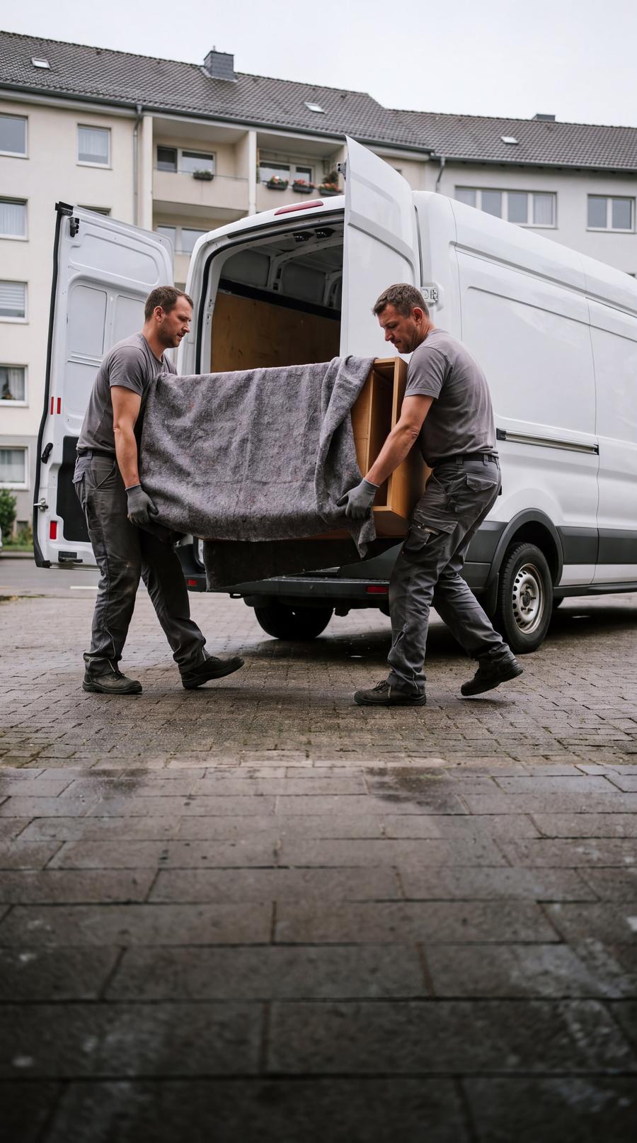 Zwei Arbeiter tragen ein mit einer Decke geschütztes Möbelteil in Richtung eines Transporters