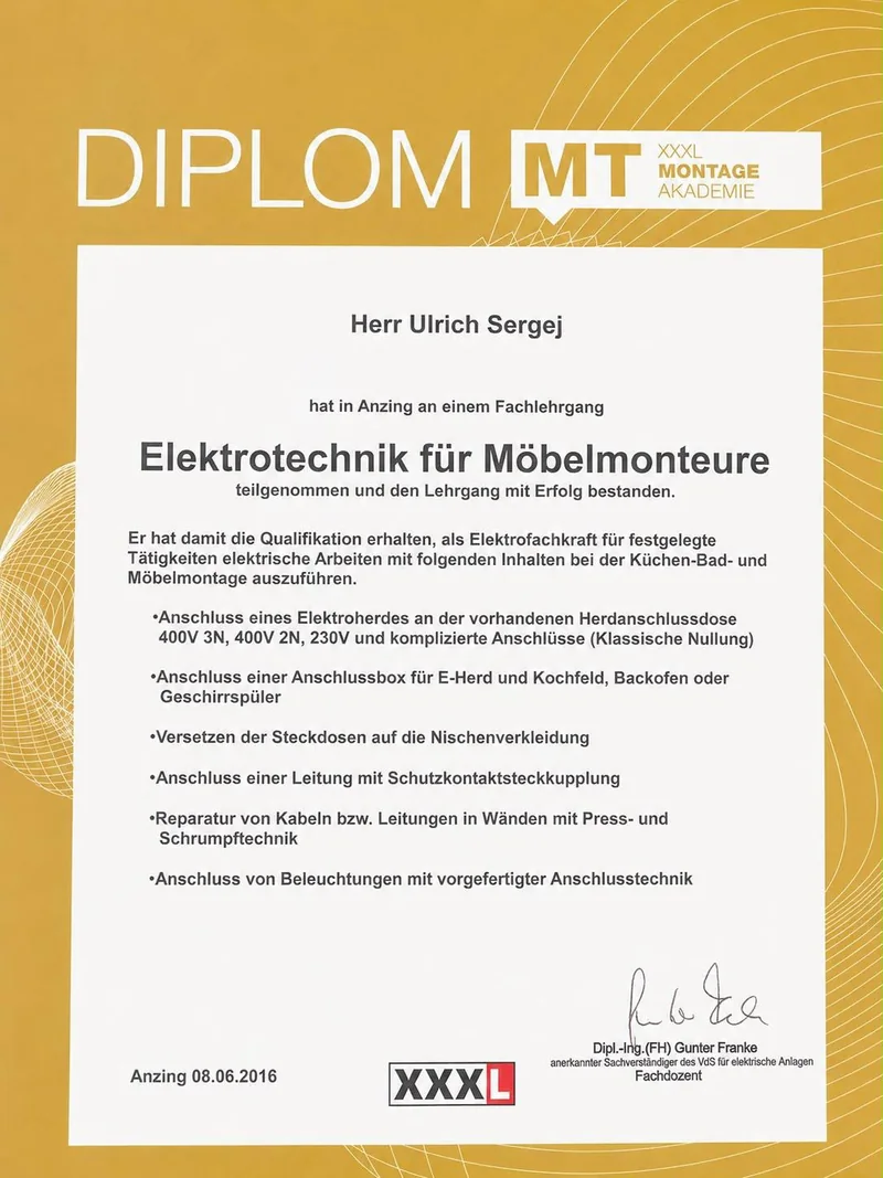 Diplom Elektrotechnik für Möbelmonteure, ausgestellt auf Sergej Ulrich