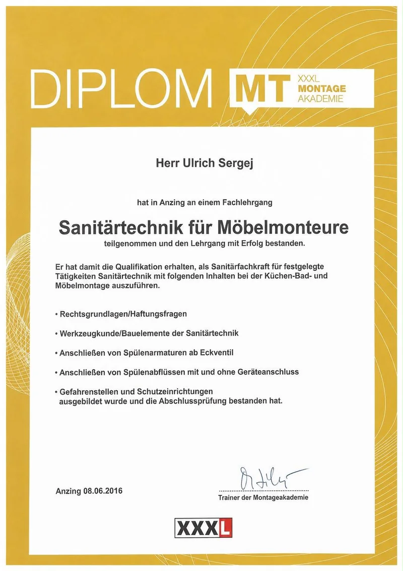 Diplom Sanitärtechnik für Möbelmonteure, ausgestellt auf Sergej Ulrich